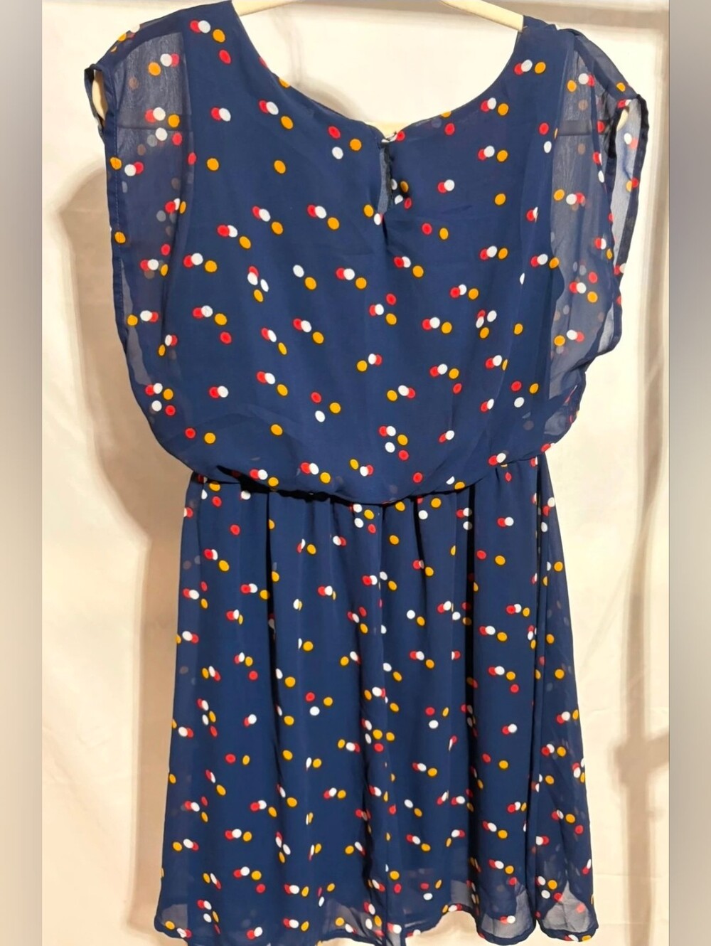 Fun & Flirt Navy Polka Dot Chiffon Dress with Red, Yellow & White Dots